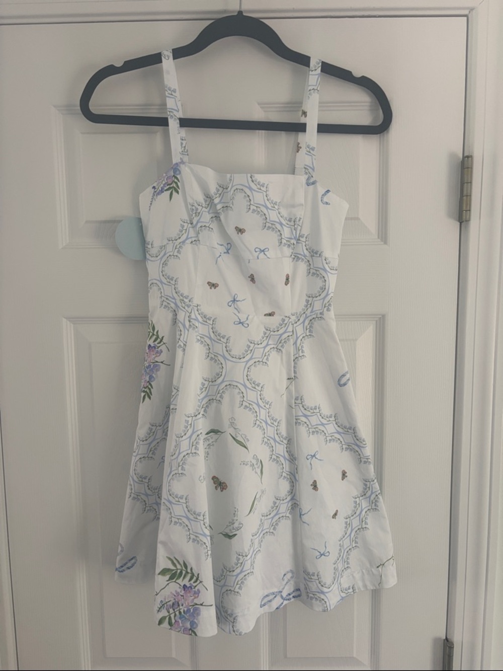 White Floral-Print Mini Dress with Blue Accents